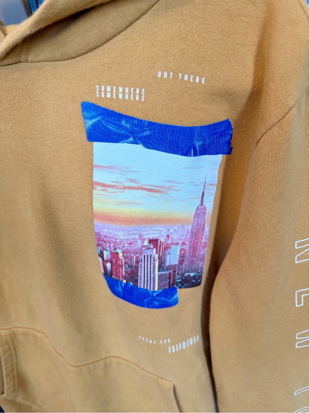 Aeropostale New York NYC Empire State Building Graphic Hoodie Mustard Mens L - Picture 2 of 8